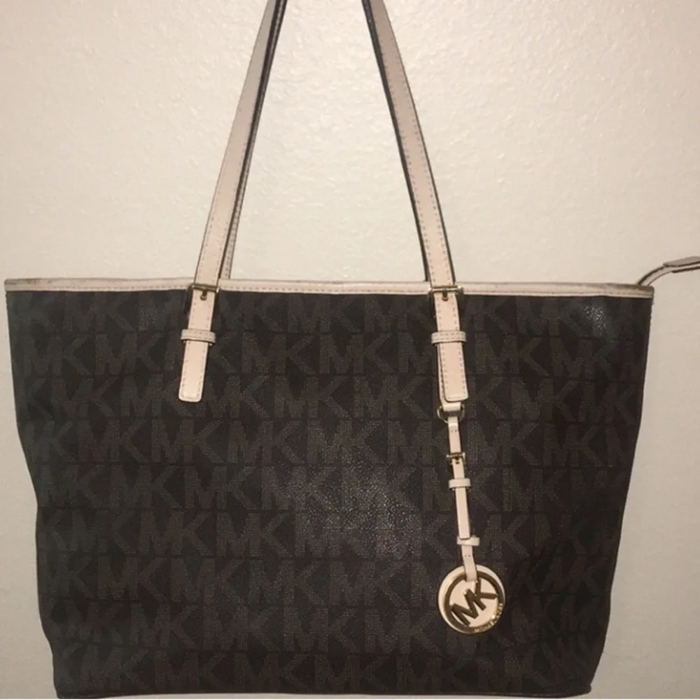 Michael Kors Brown and Cream Zip Top jet set  Tote Bag